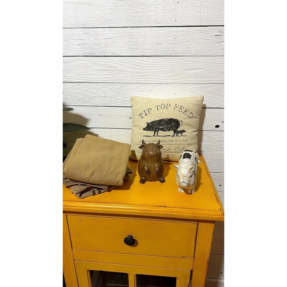 Farmhouse Decor Bundle Tip Top Feed Pillow Bull and Pig Figurines 3 Piece Set